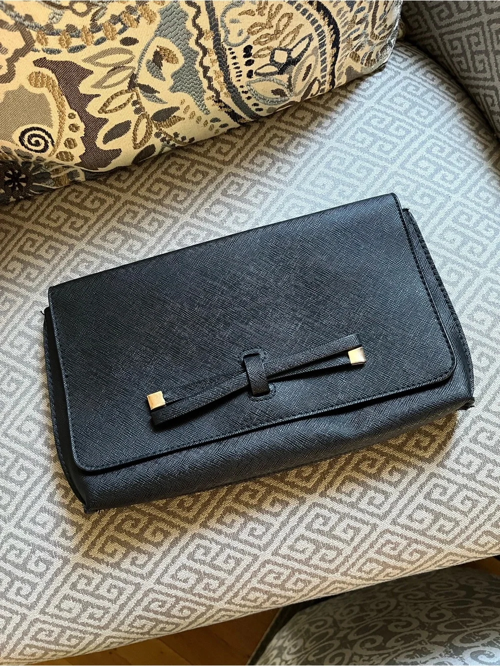 ASOS Black Textured Bow-Accent Clutch with Gold Hardware